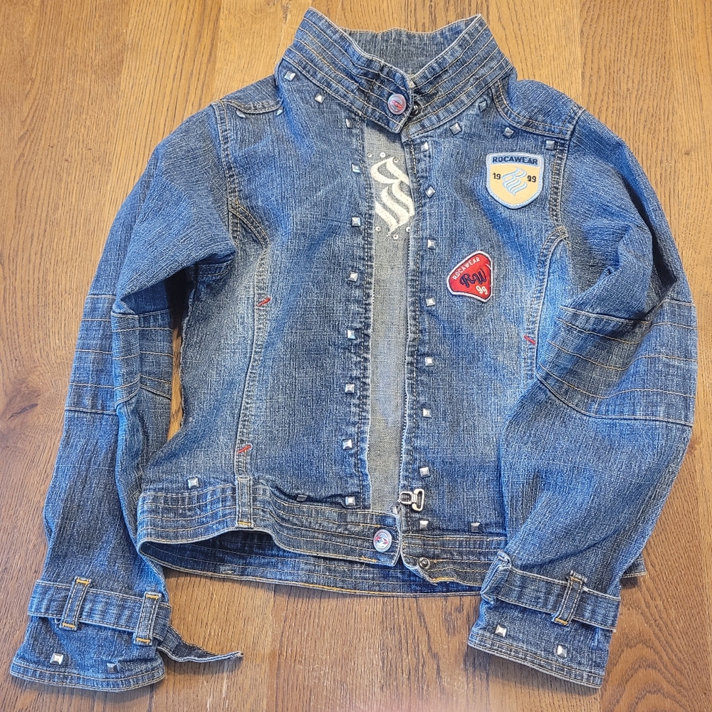 Rocawear Girls Cropped, Studs & Patches Motorcycle Jean Jacket